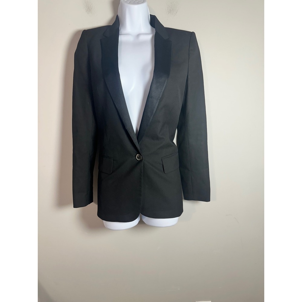 Zara Woman Black Tuxedo Blazer Satin Peak Lapel Single Button Jacket XS